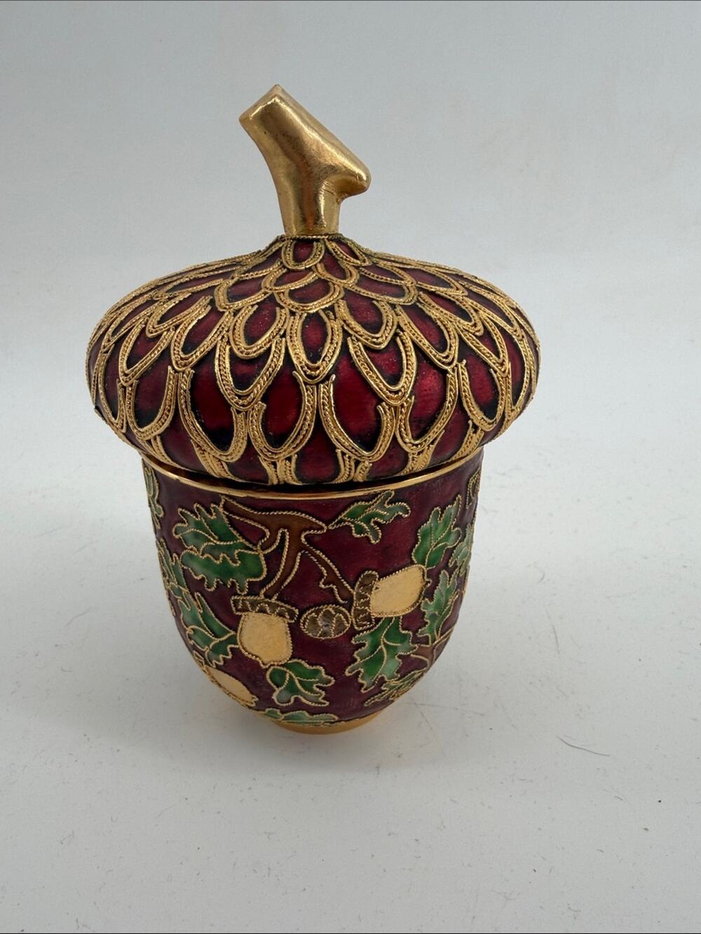 Vintage NYCO Nicki Yassaman Cloissonne Enamel Gilt Detail LIdded Acorn